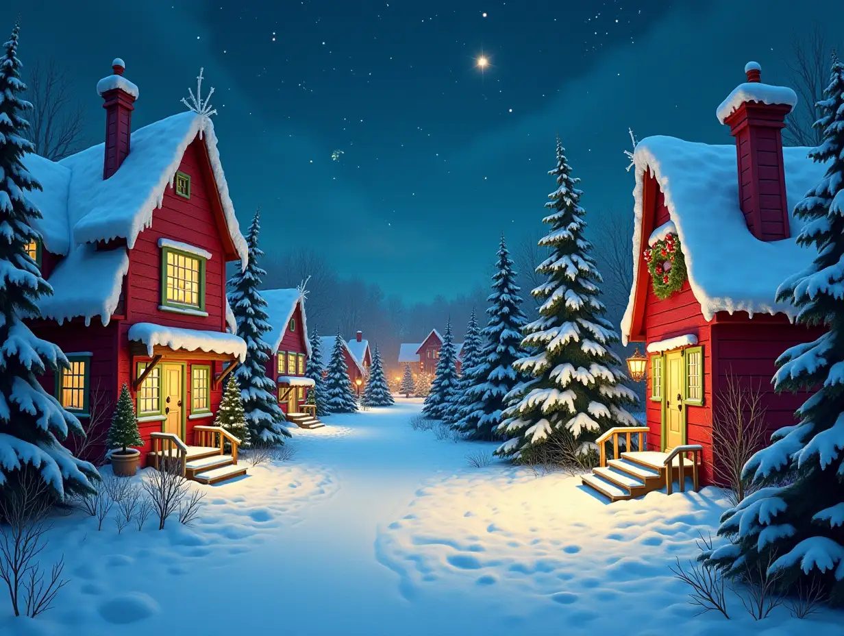 Empty whoville from Dr. Seuss’s How the Grinch Stole Christmas with snow and holiday lights and cheer