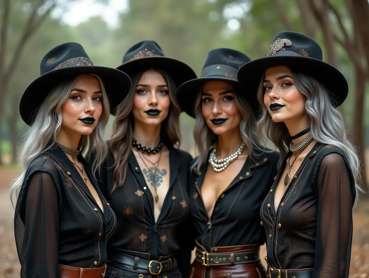 Four black, Girls rusty and silver hair, wear a deeply cut blouse in rusty and dirty, a light smile on their faces, tattoos, with glittering retro steampunk hat, black lipstick accentuates their smiles, modern jewelry, and much more a pearl chain in hand, in a park with many houses in India Cyberpunk 8k quality