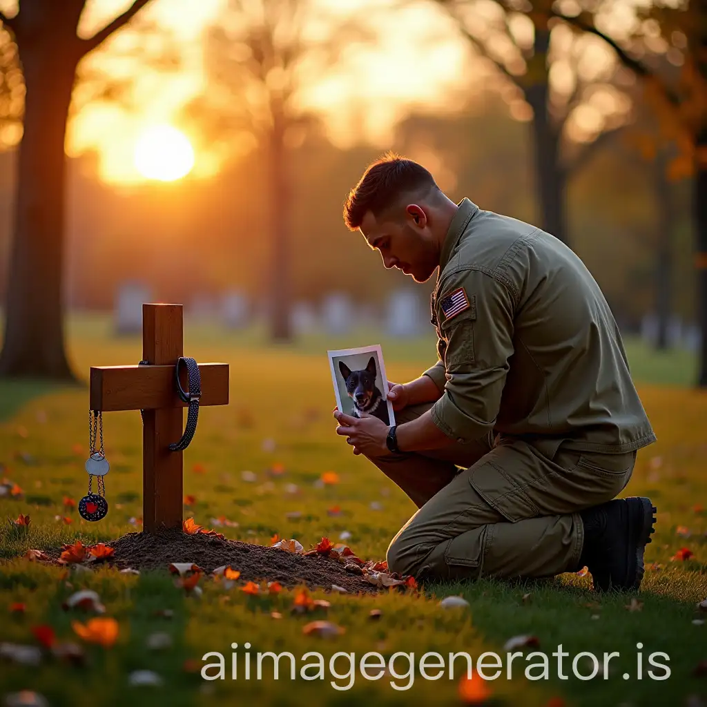 A peaceful sunset at a quiet cemetery, where a decorated soldier kneels beside a small grave marked not with a name, but with a collar and dog tag hanging from a wooden cross. The man is dressed in casual clothes, head bowed, holding a photo of himself and his dog from better days. Soft golden light bathes the scene, and fallen autumn leaves blow gently across the frame. The emotion is silent, respectful, and overwhelming—honoring a friend, a savior, a hero.