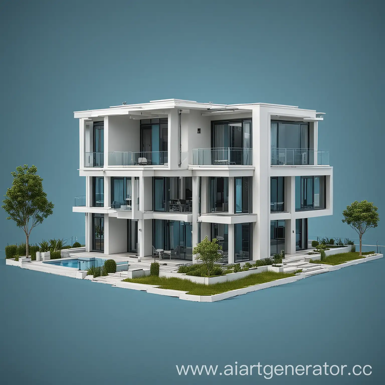 Modern-House-3D-Modeling-on-Blue-Background