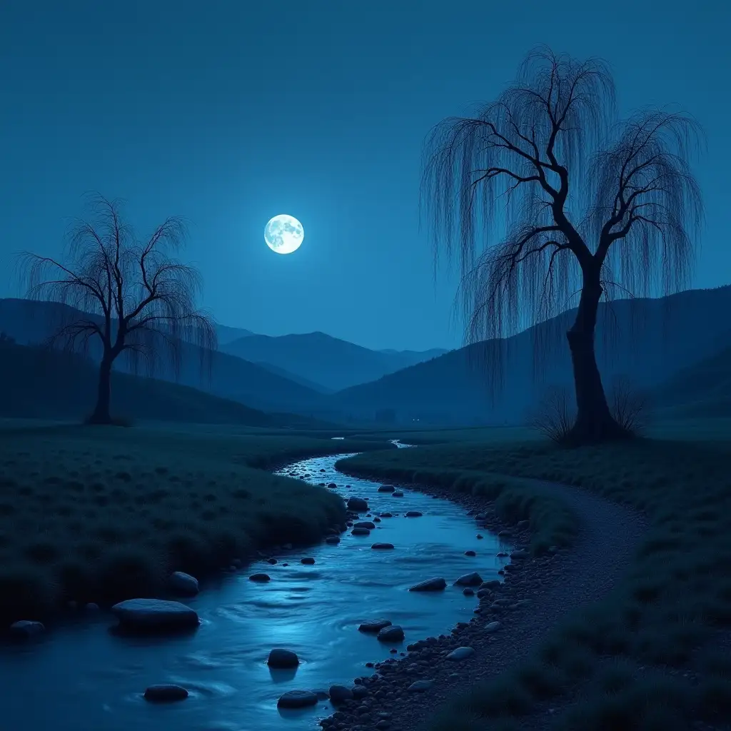 A Prussian blue night scene with rolling hills in the background, a few withered willow trees in the foreground, and a tranquil stream with scattered stones winding through the landscape. The atmosphere is serene and slightly melancholic, with soft moonlight casting subtle reflections on the water and illuminating the landscape gently.