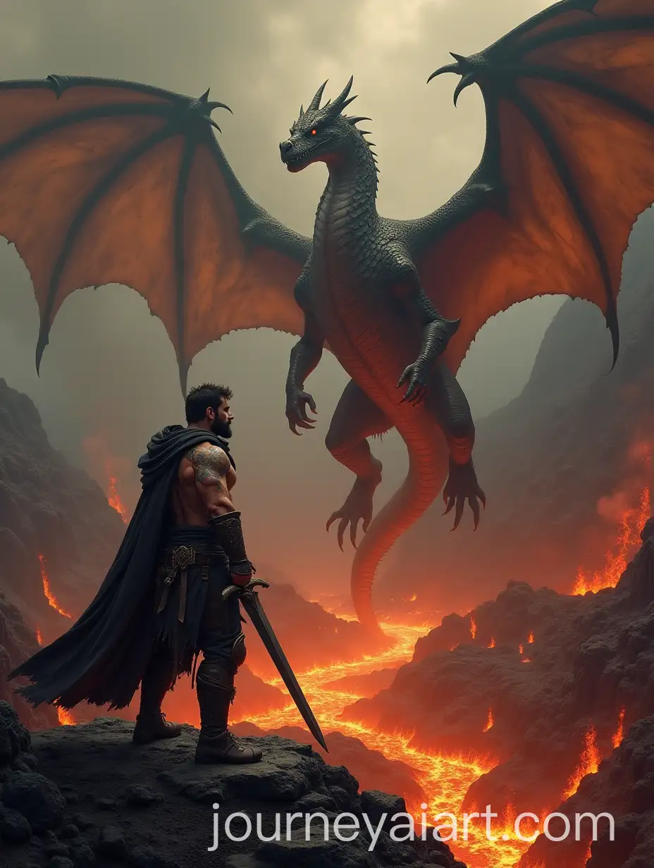 Warrior-Knight-Facing-Dragon-at-Volcanic-Crater-in-Fiery-Showdown