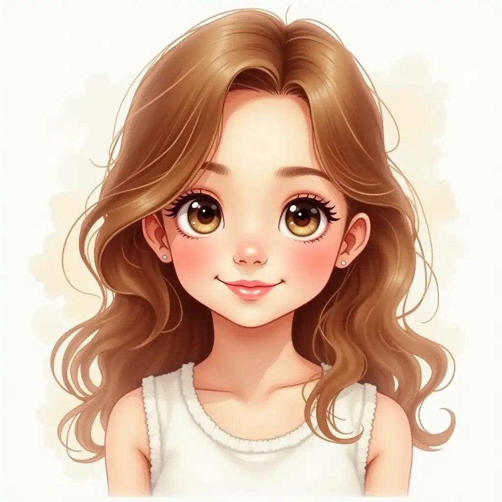 Create a portrait of a young girl with wavy chestnut hair, bright and large eyes, and a sweet smile. Use the watercolor technique to capture the delicacy and transparency of her features, with soft shades and pale colors that give the image an ethereal and dreamy appearance. The background should be slightly blurred to highlight her face.