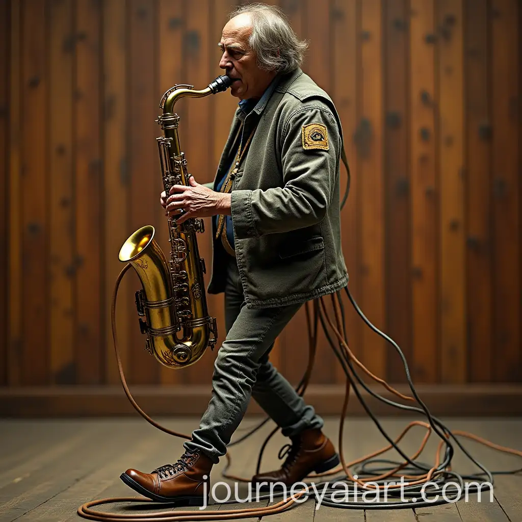 Vintage-Photo-of-Saxophone-Player-Made-Entirely-of-Audio-Cables-Walking-into-the-Woods