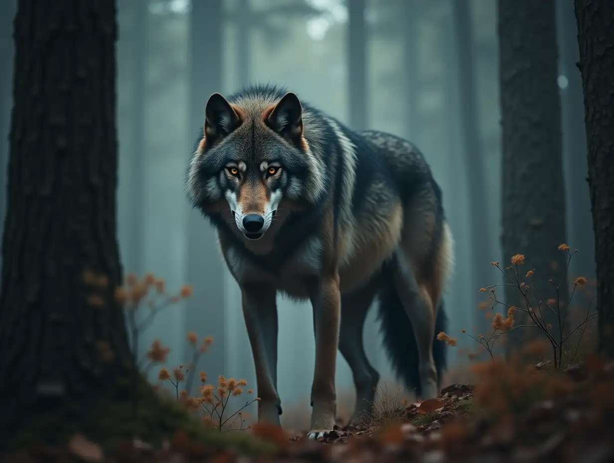a fierce and scary large wolf standing between trees in the forest