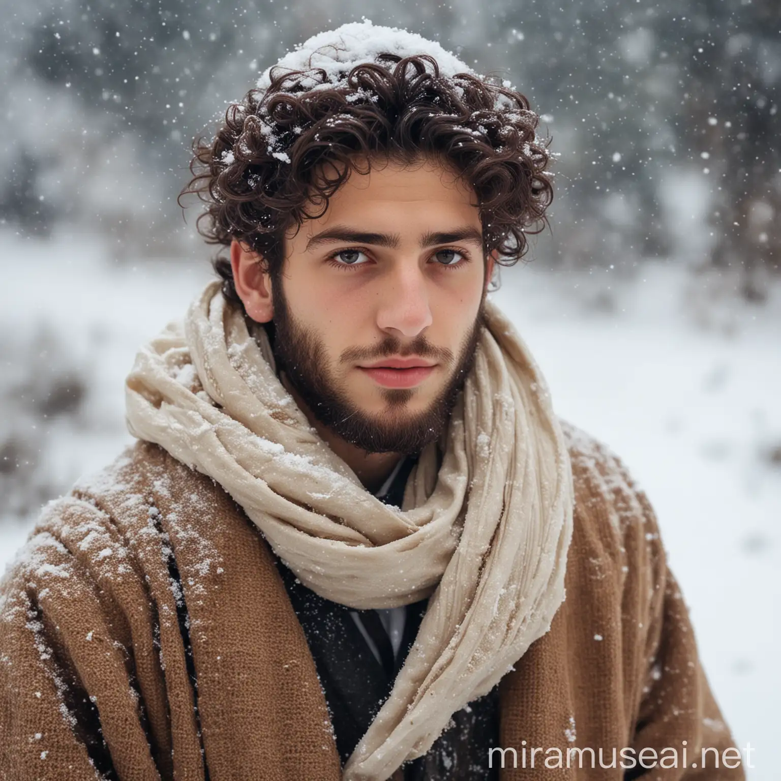 Handsome Jewish Young Man Standing in Snow in Ancient World