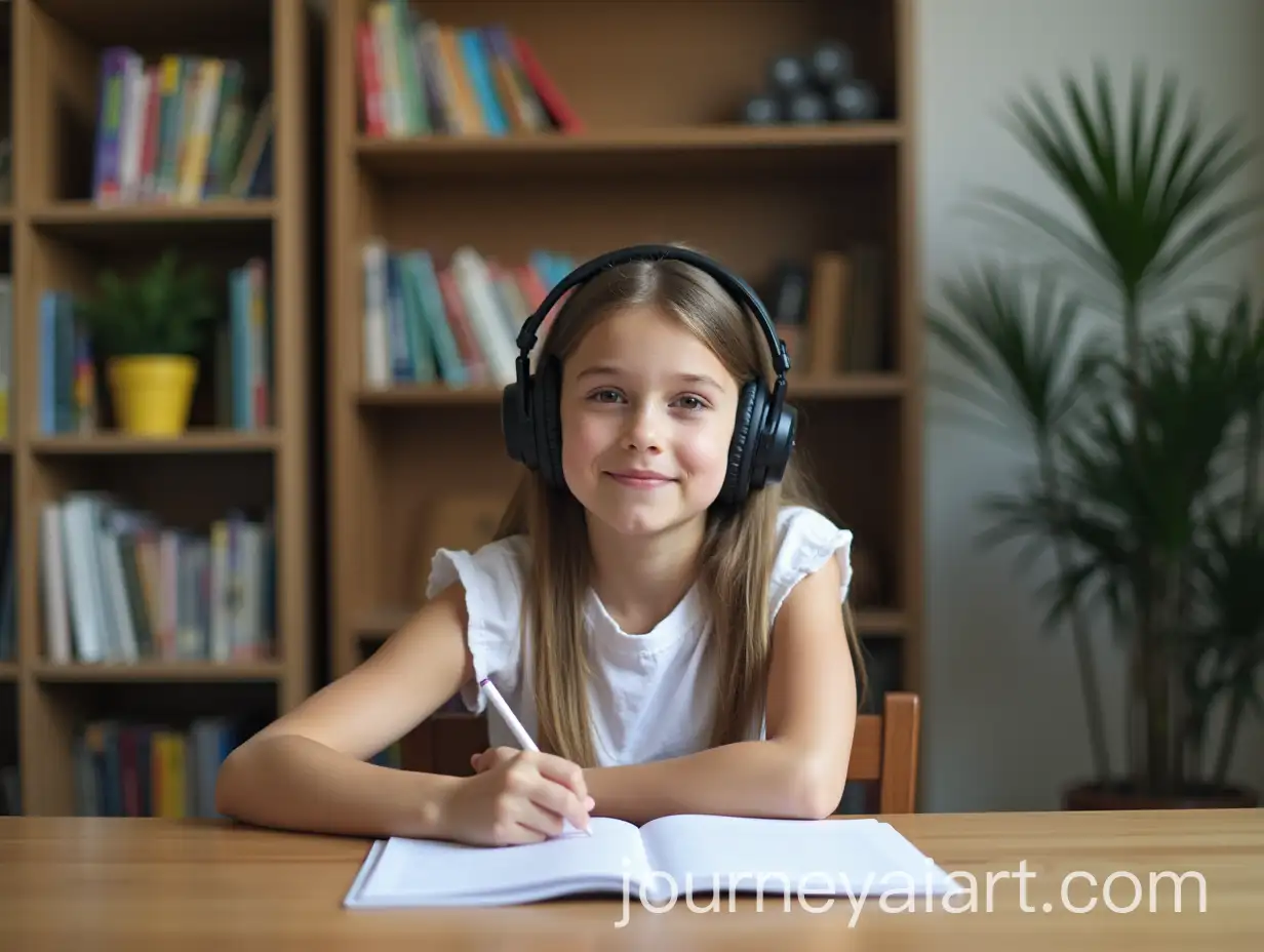 Girl-Listening-to-Music-with-Headphones-at-Study-Table