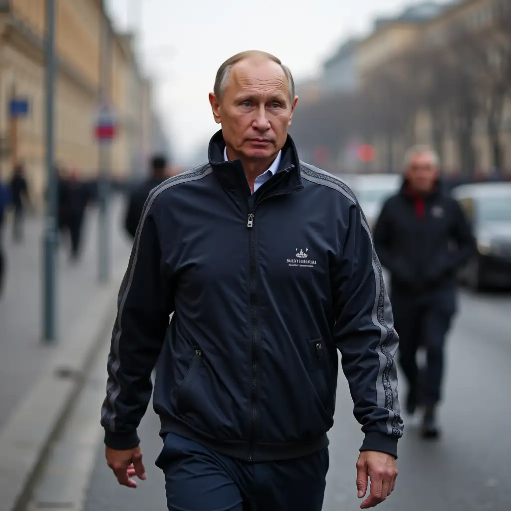 Putin in glasses and a tracksuit walks along the street