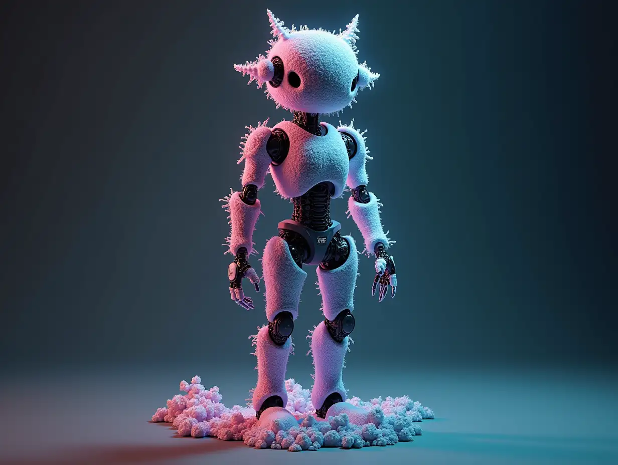 Create a high-resolution, realistic image of an artificial intelligence fractal colored fractal humanoid robot, on the photo studio floor at 4-k resolution.