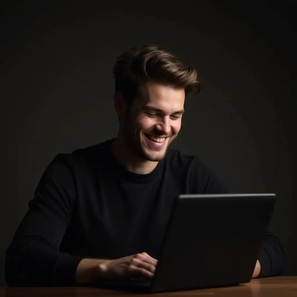 young man multitasking with a relaxed smile and dark theme