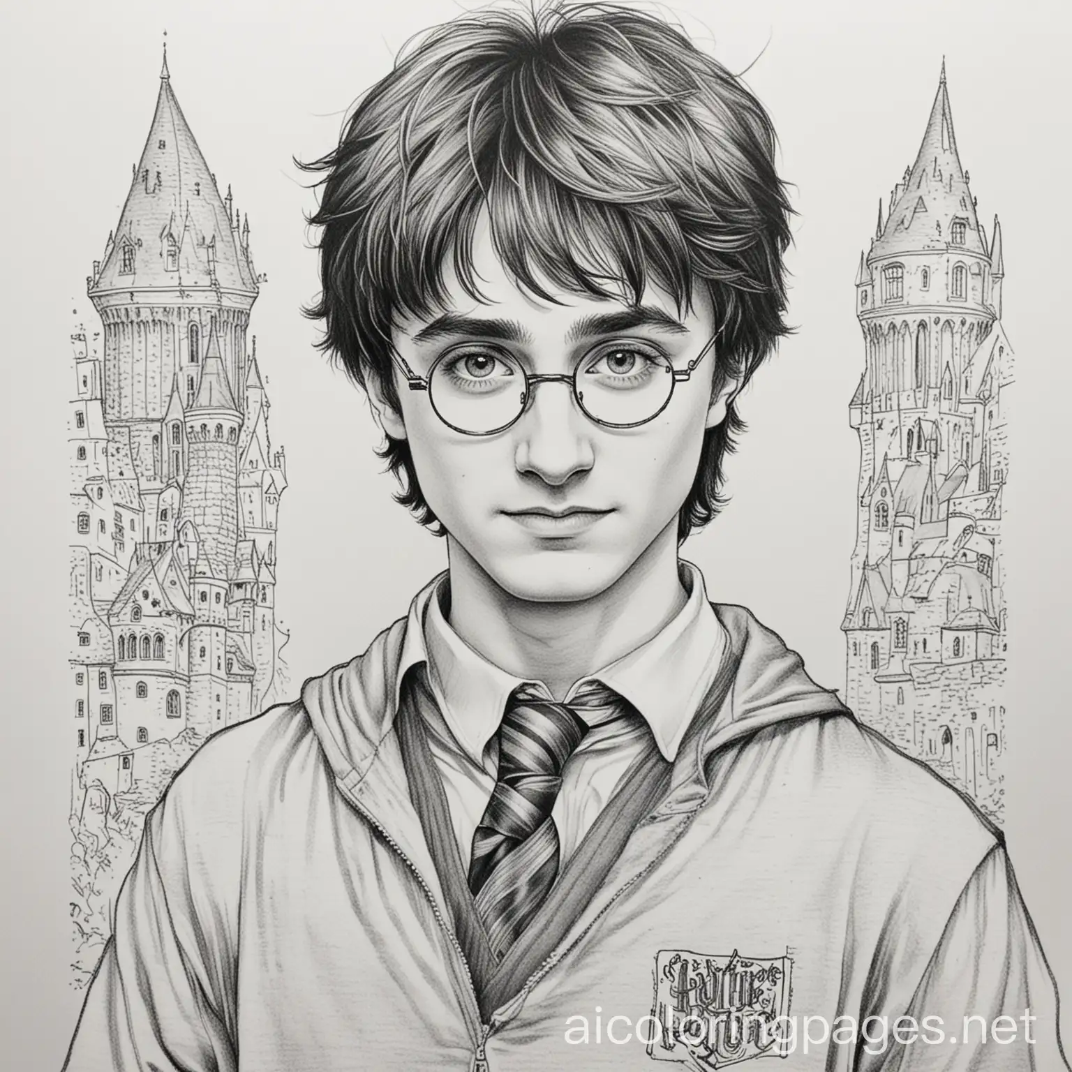 Harry Potter, Coloring Page, black and white, line art, white background, Simplicity, Ample White Space