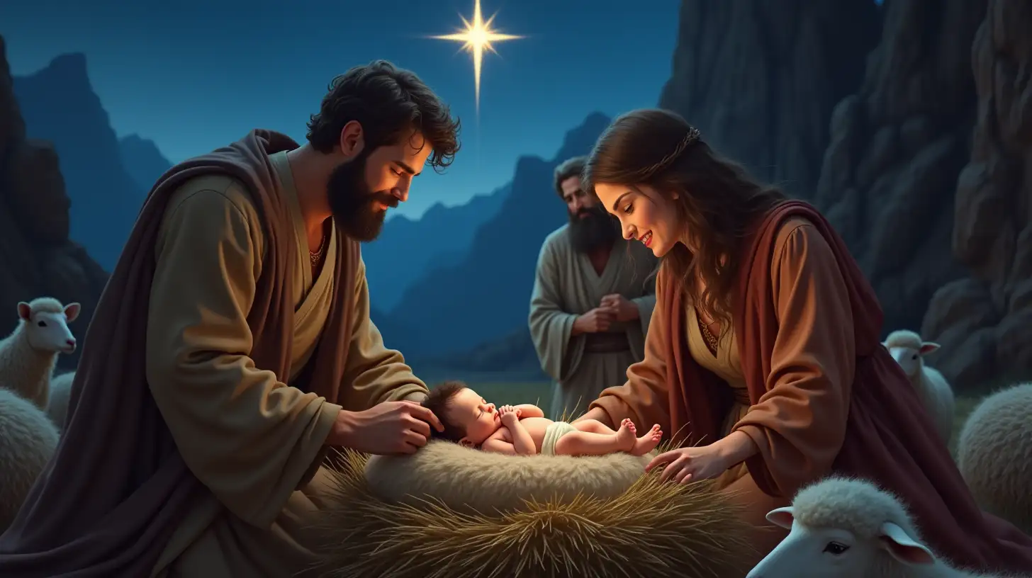 Young Couple Adoring Their Baby in a Serene Biblical Setting