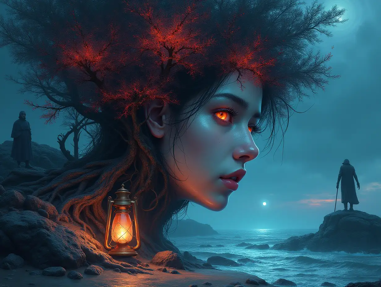 Creating a digital painting of a face with hair transforming into a building with ruby stones and sea and Illuminated trees with roots and rocks lantern and strange people and Ghost hand 