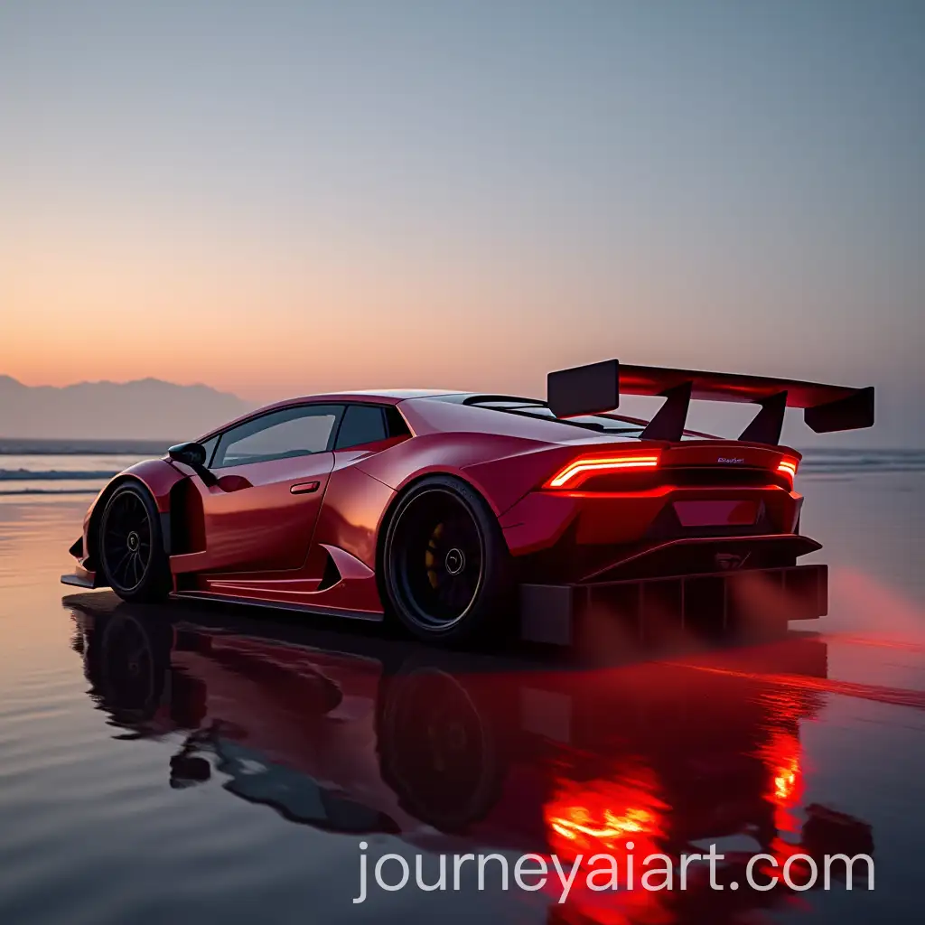 Red-Sports-Car-with-Apollo-Arrow-Body-Lamborghini-Huracan-Lights-and-Porsche-GT3RS-Wing-on-Beach-at-Dusk