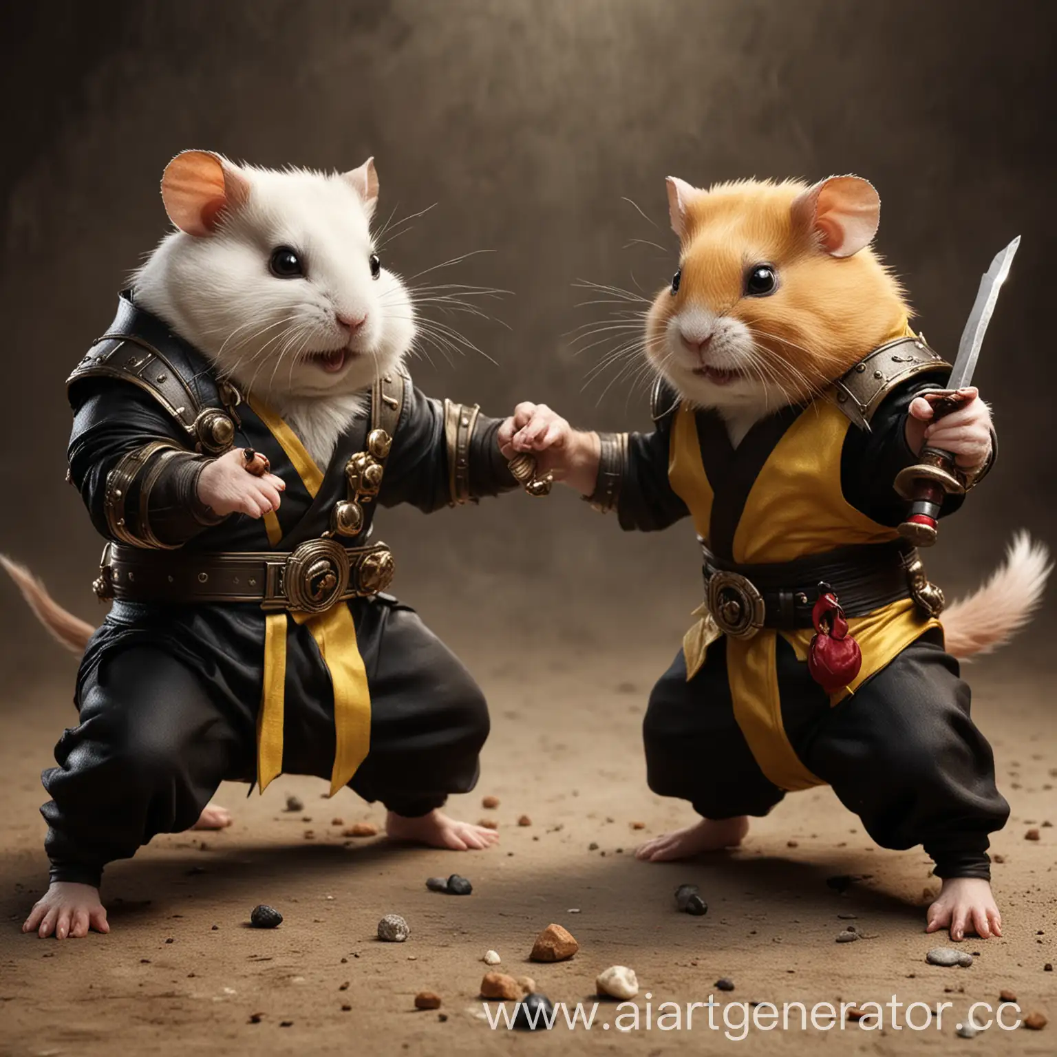 Draw two aggressive hamsters, dressed as sabziro and scorpio, fighting in the style of mortal kombat
