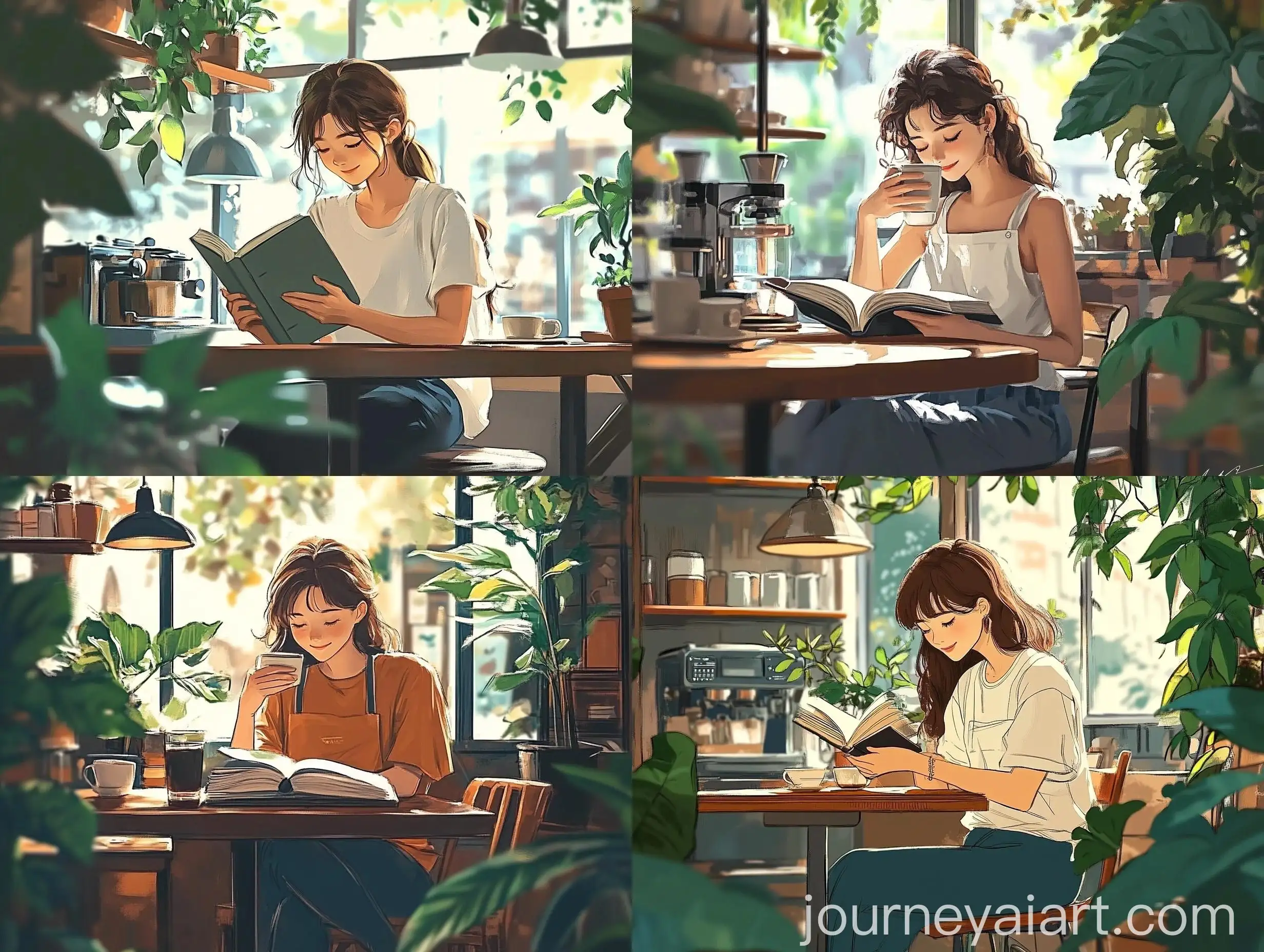 Smiling-Girl-Reading-a-Book-in-a-Leafy-Caf-on-a-Sunny-Afternoon