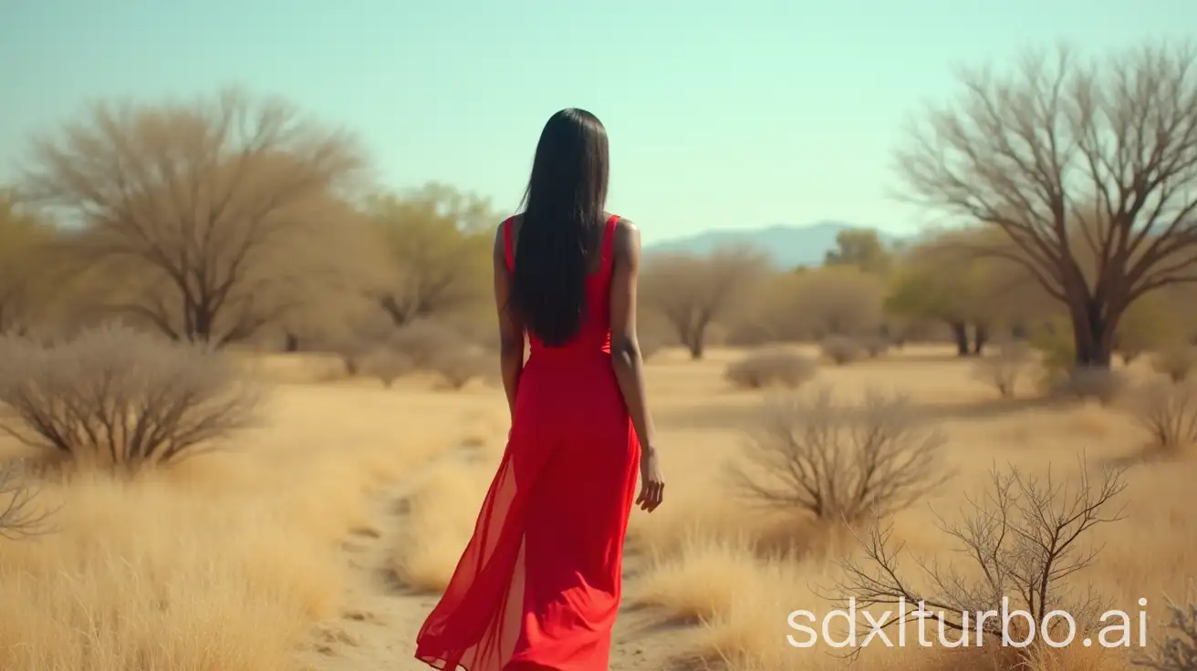 Beautiful-Black-Woman-in-Red-Dress-Walking-Through-Arid-Grassland