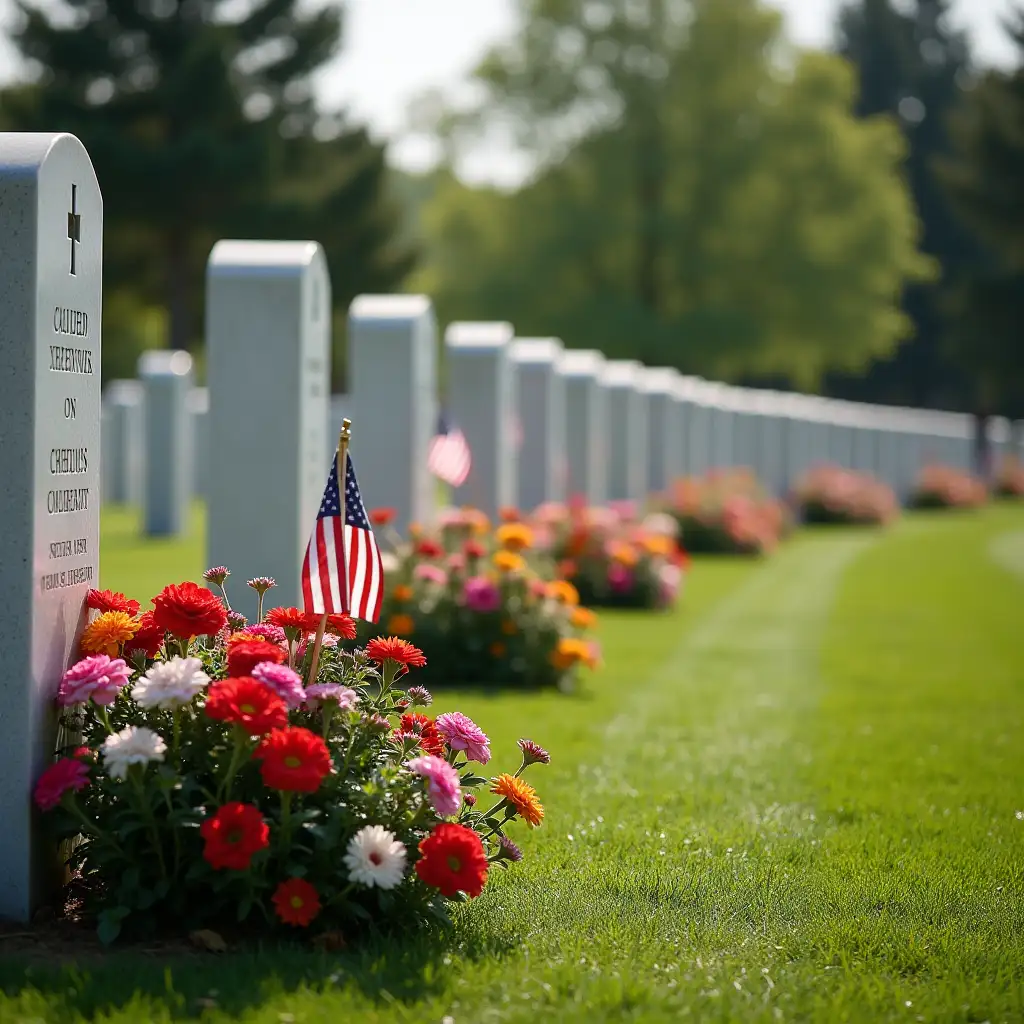 Veterans Cemetery where soldiers are honored and remembered for their service and sacrifice with beautiful flowers as a background