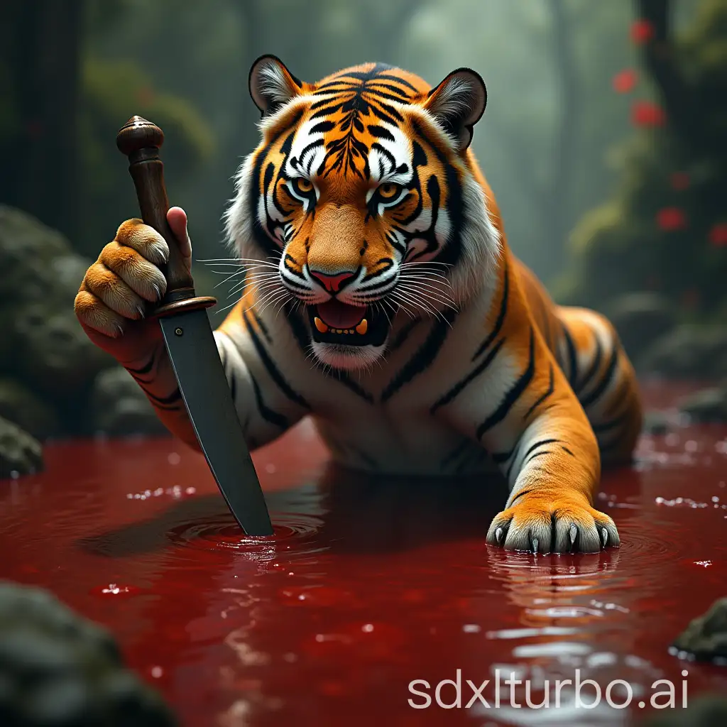 Ferocious-Tiger-with-Knife-in-Bloody-Temple-Pond