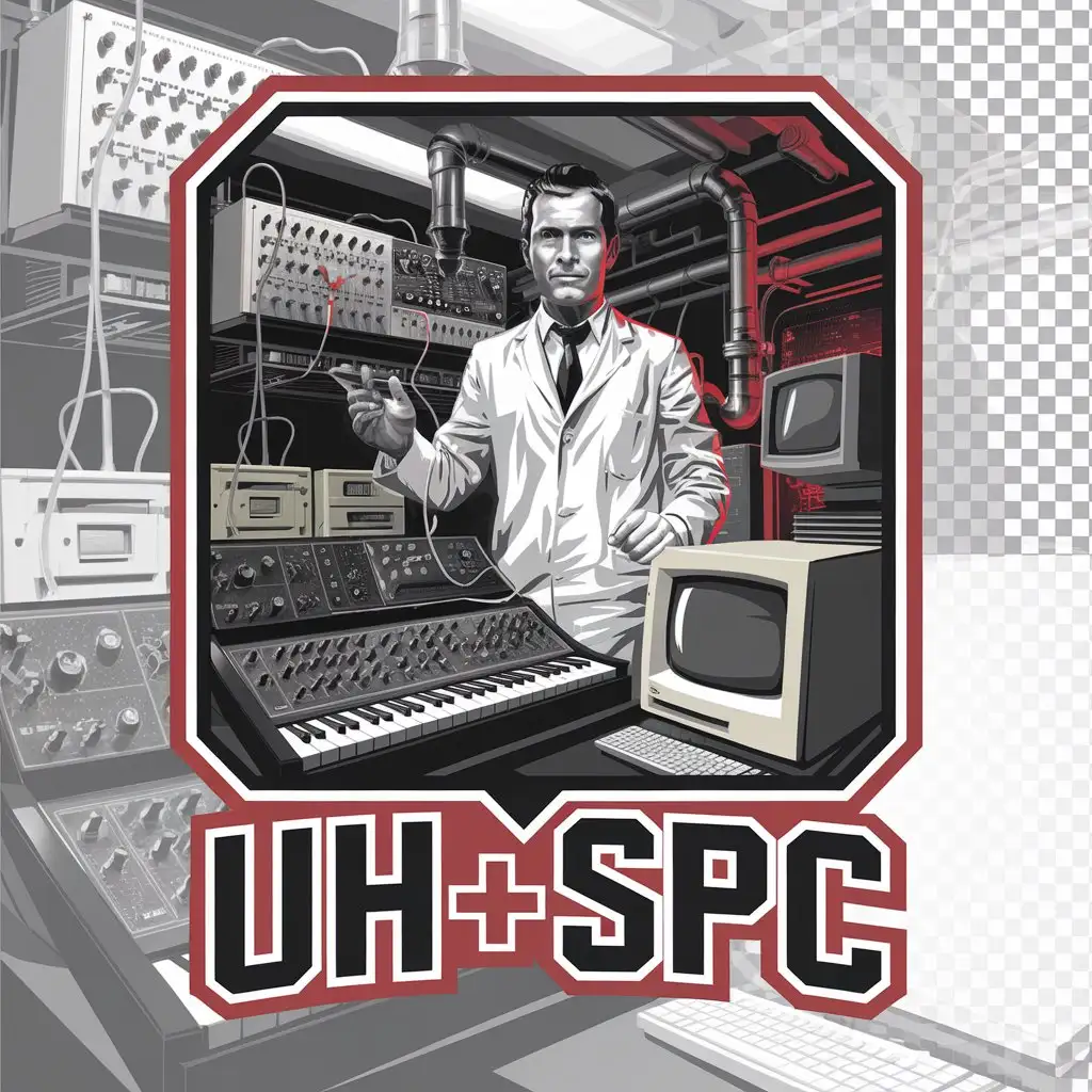 LOGO Design for U H S P C Scientist with Vintage Synthesizers and Circuits in Black Red and White