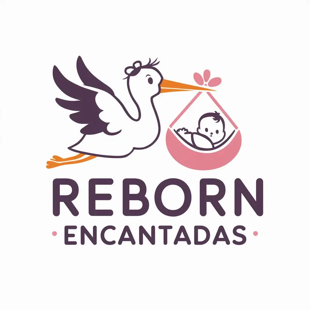 LOGO-Design-For-Reborn-Encantadas-Stork-with-Baby-in-Soft-Pink-and-White