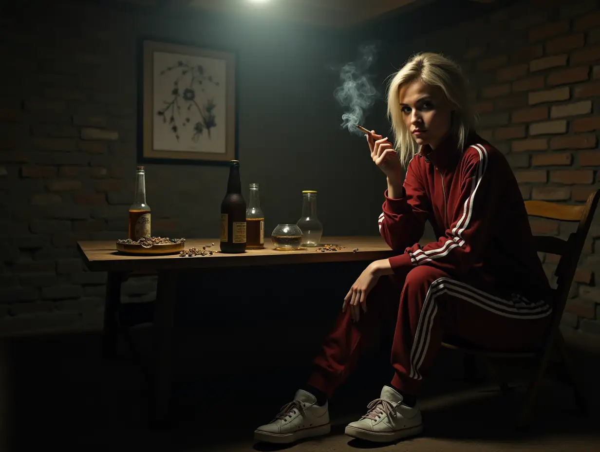 Bratty-Russian-Woman-in-Dim-Basement-with-Cigarette-and-Beer-Bottles