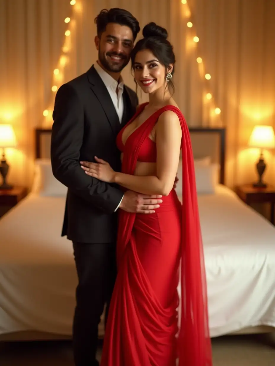 Romantic-Embrace-of-an-Indian-Bhabhi-in-Light-Red-Saree-with-Bedroom-Ambiance