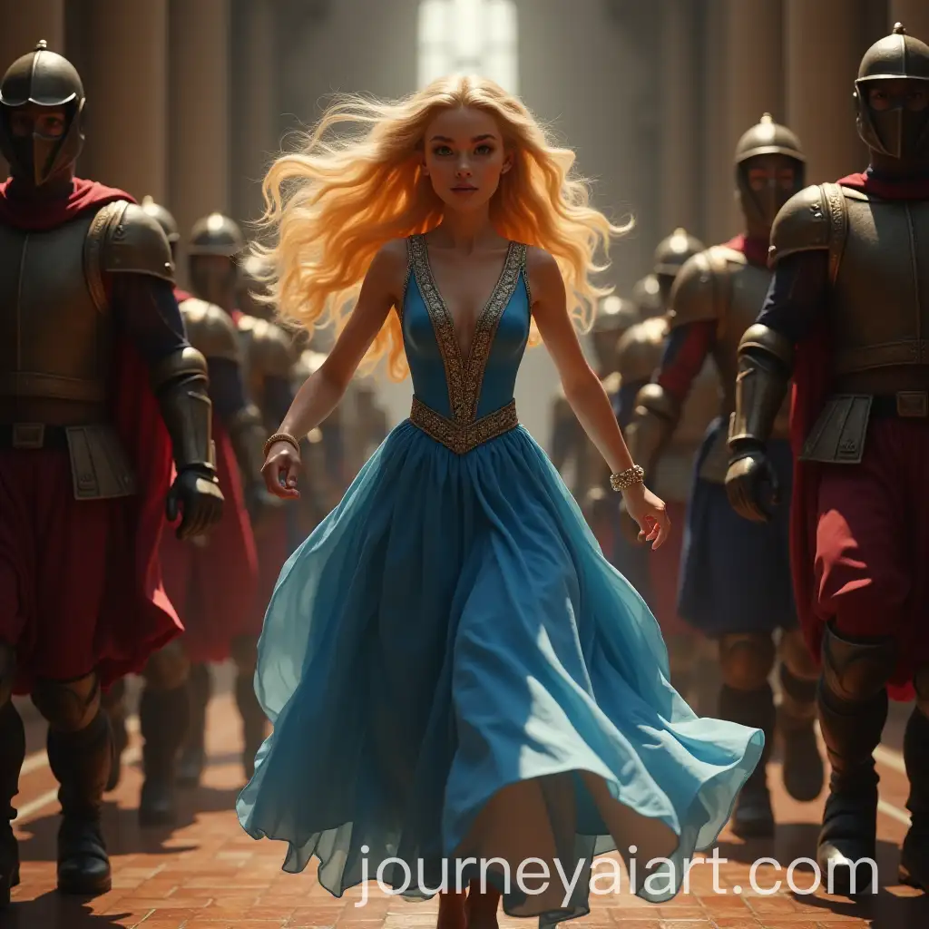 Blonde-Princess-in-Blue-Dress-Running-Through-Castle-Halls-with-Pursuing-Guards