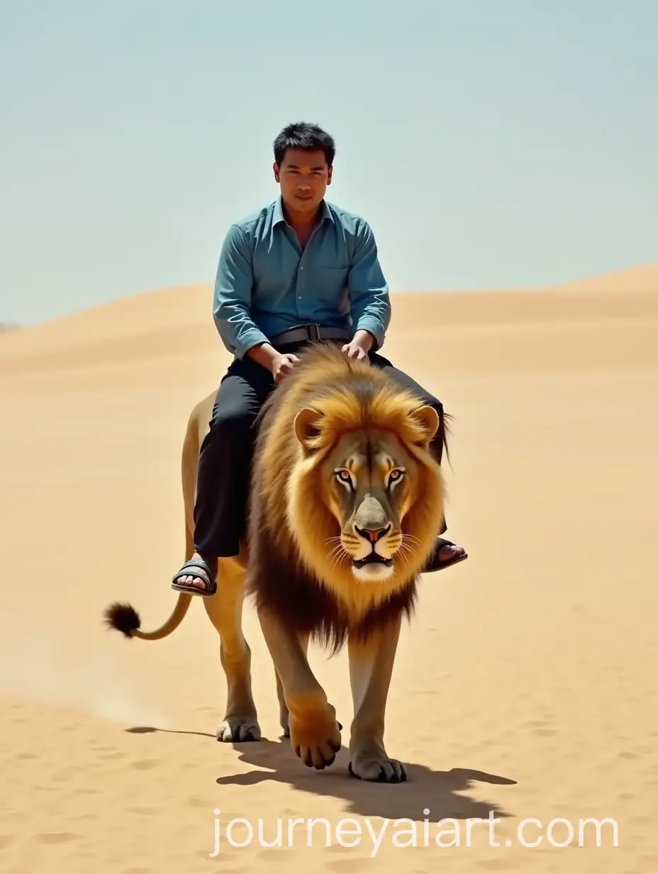 Asian-Man-Riding-a-Lion-Through-the-Desert-Landscape