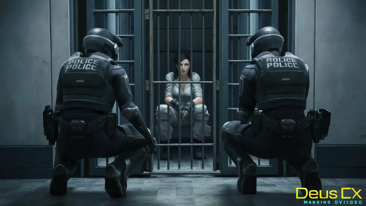 Technological Cyberpunk Police Officers Guarding Prison Cell