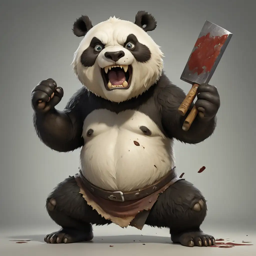 Realistic Angry Panda Bear Holding Cleaver Raising Fist