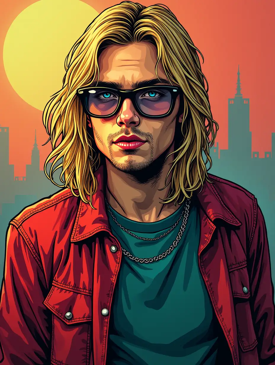 Kurt Cobain posting for a picture comic book style