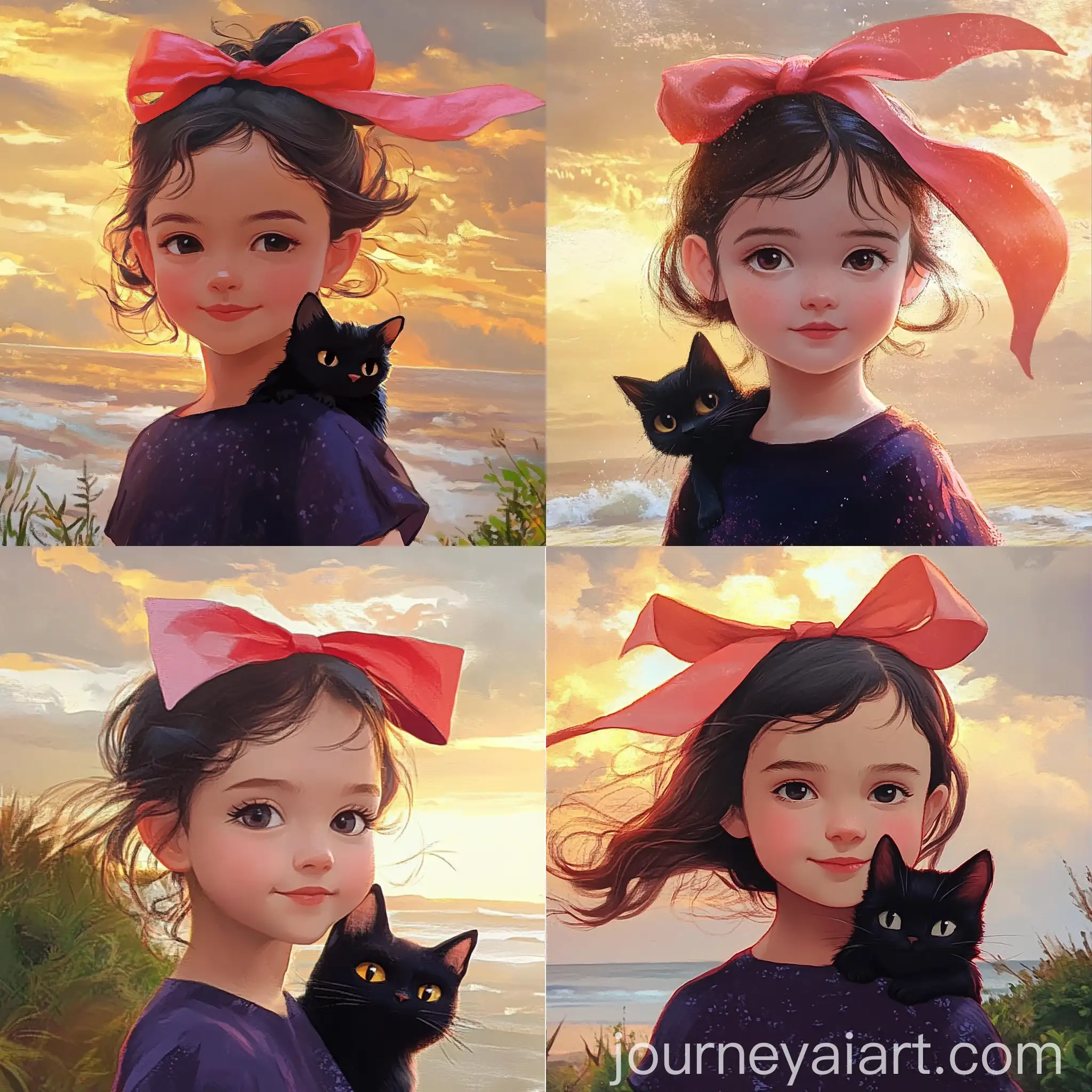 Girl-in-Dark-Purple-Dress-with-Black-Cat-under-Sunset-Sky