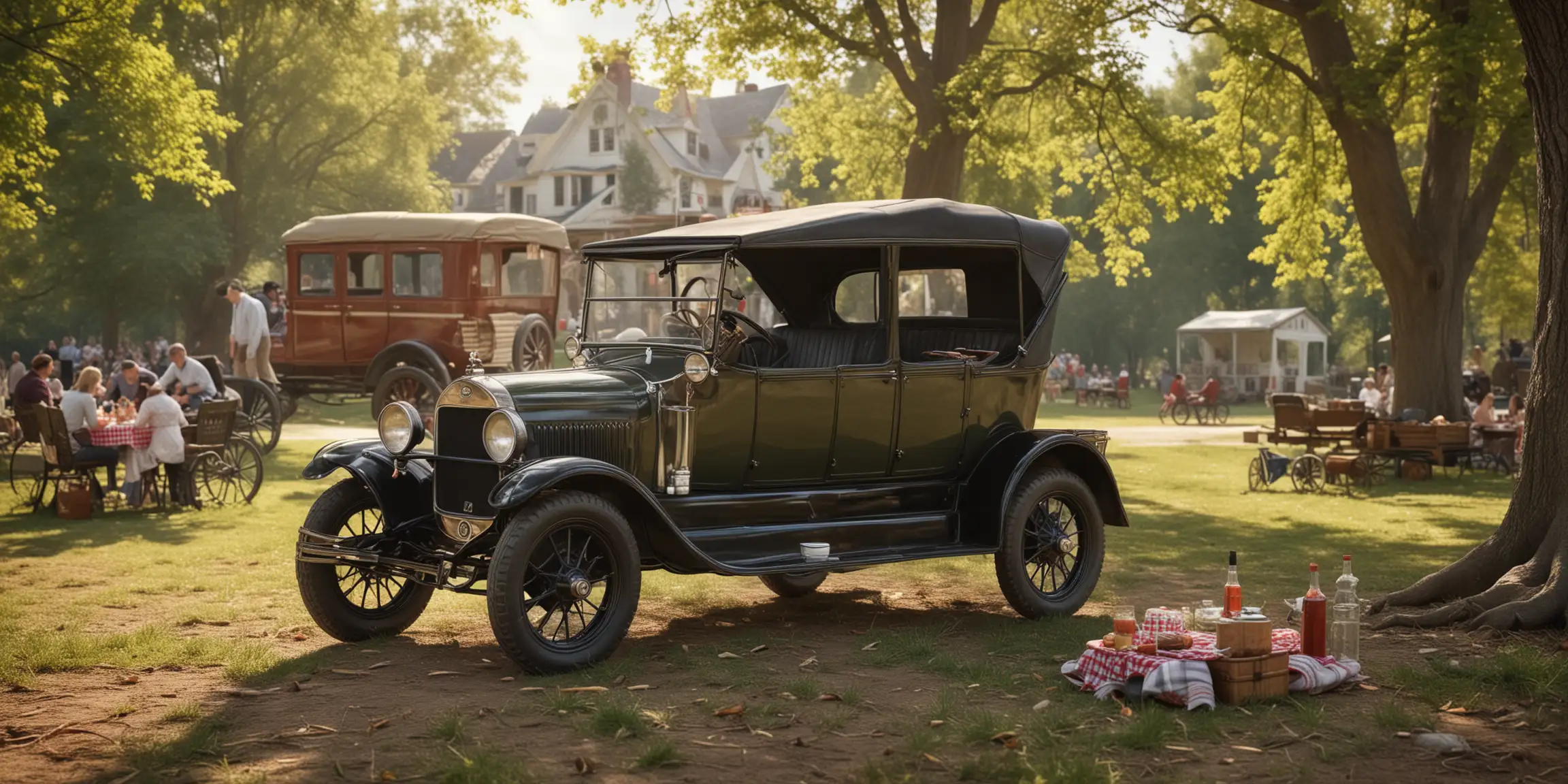 Vintage Family Picnic with Old T Ford Car