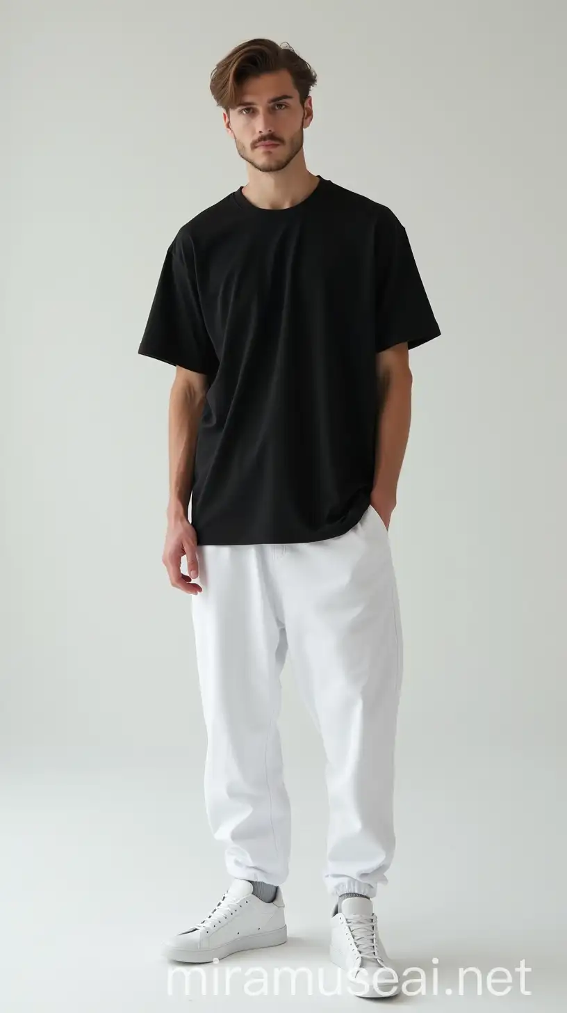 Young European Male Model in Modern Black TShirt and White Baggy Pants Studio Portrait