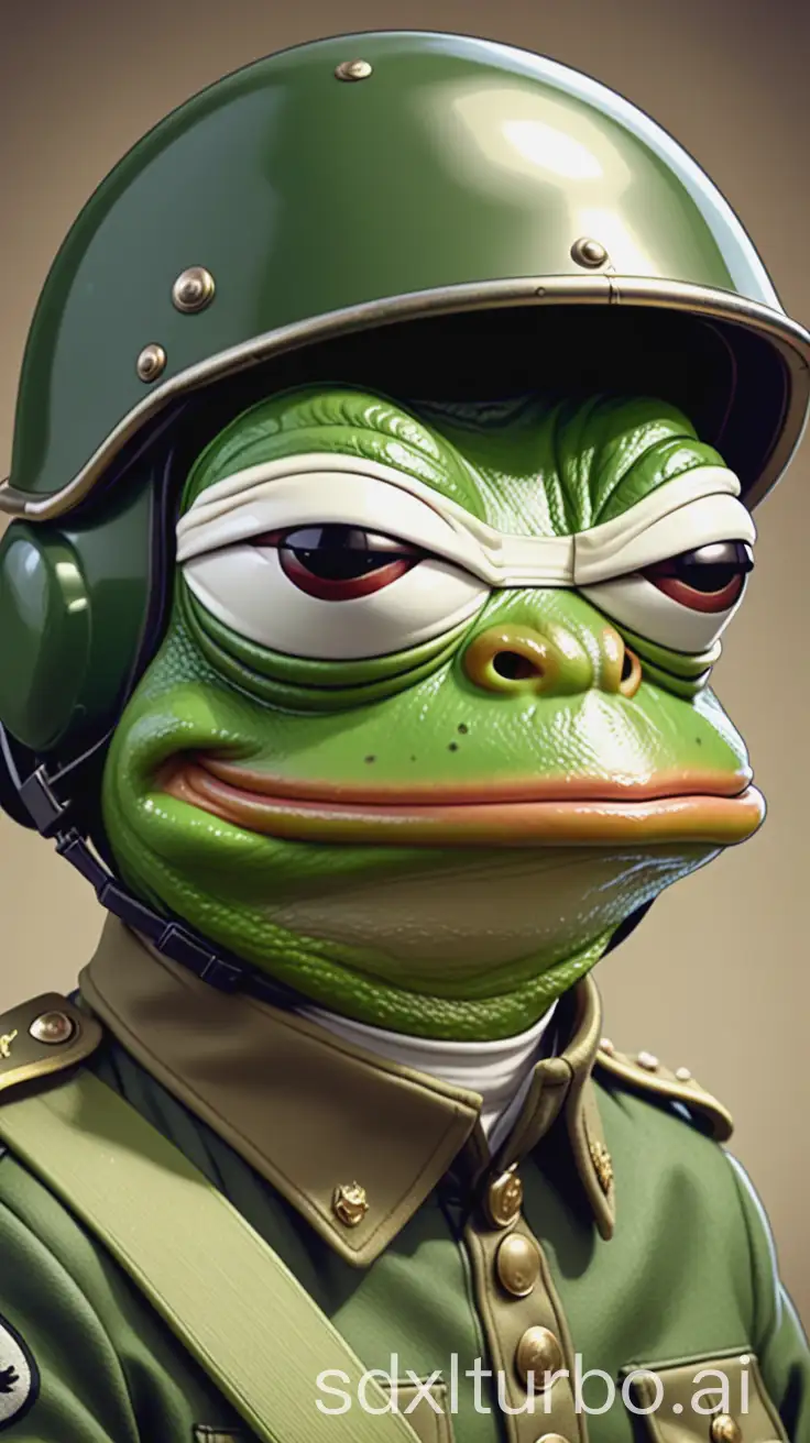 Meme of Pepe the Frog with a helmet and military uniform in a cartoon style