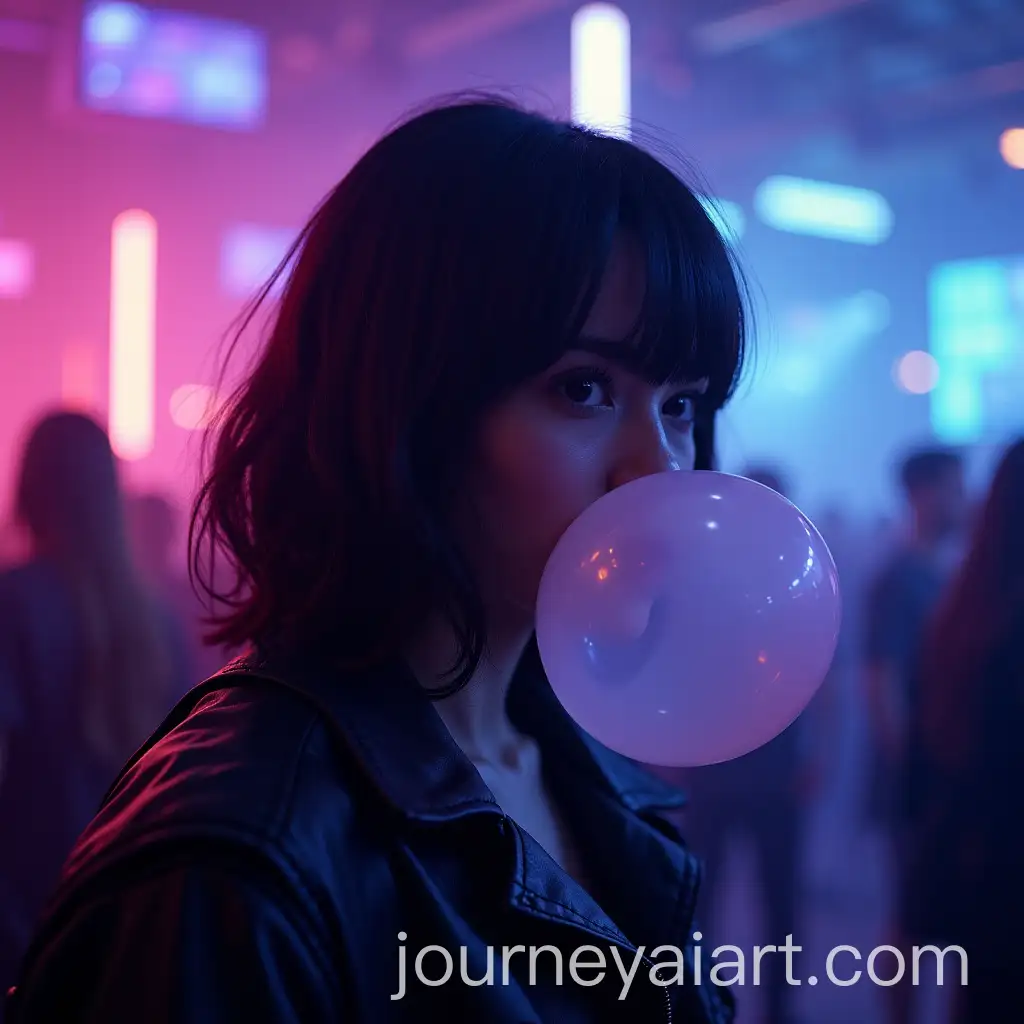 Futuristic-Girl-Chewing-Bubble-Gum-in-Techno-Club-with-Glowing-Background