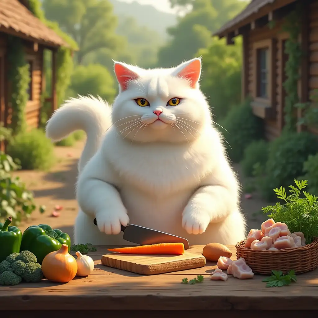 A very large, fluffy white anthropomorphic cat stands upright at a rustic wooden table in an outdoor kitchen surrounded by lush green gardens. Its pristine white fur gleams in the warm sunlight, and its fluffy tail curls playfully behind it. The cat is not wearing a chef’s hat at this stage. It holds a sharp knife in its oversized right paw, slicing a bright orange carrot on a sturdy wooden cutting board, while its left paw stabilizes the carrot. Scattered around the table are fresh ingredients: green bell peppers, onions, broccoli, and chicken chunks. A small wicker basket overflows with fresh herbs like parsley and cilantro. The soft sunlight filters through the greenery, highlighting the vibrant colors of the vegetables and the rustic wooden cottages in the background.