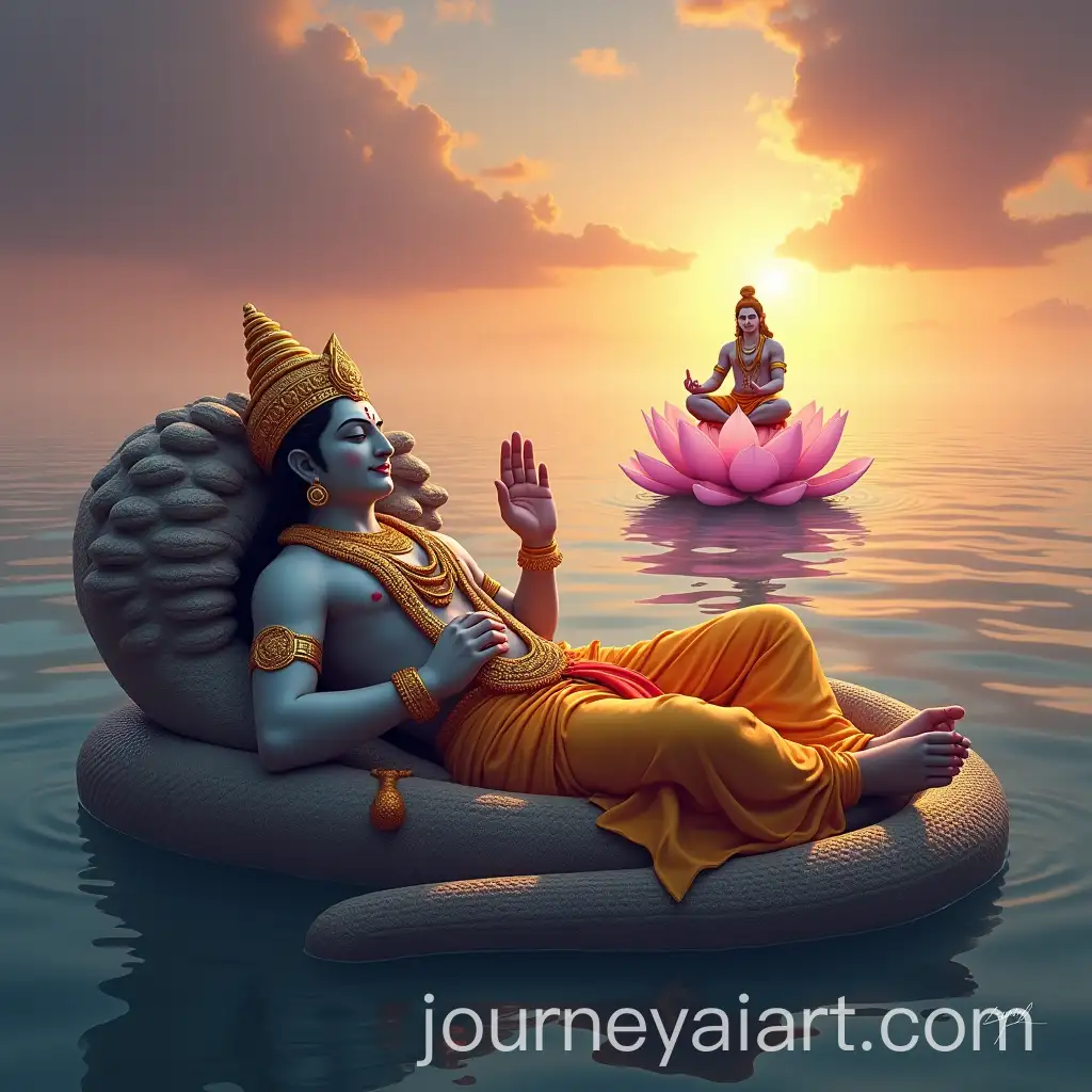 Lord-Vishnu-Reclining-on-Shesha-Naag-with-Lord-Brahma-in-a-Serene-Sunset-Scene