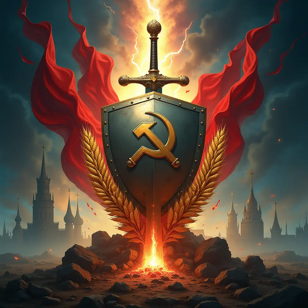 A powerful and authoritative cover for a Telegram group dedicated to the legacy and mission of the USSR State Emergency Committee (ГКЧП СССР). The composition embodies strength, protection, and unwavering truth, blending Soviet aesthetics with an imposing and heroic visual style.nnAt the center, a massive metallic shield, adorned with the hammer and sickle emblem, radiates golden and red energy, symbolizing unbreakable defense and ideological strength. Behind it, a sword plunged into the ground, glowing with power, represents justice and the readiness to defend the Soviet state. These symbols are surrounded by dynamic, glowing Soviet motifs—golden wheat ears, red banners flowing like fire, and industrial gears reinforcing the themes of order and stability.nnThe background features a stormy, deep-blue sky with flashes of red lightning, evoking a time of crisis and resolution. A cosmic aura surrounds the scene, emphasizing the historical importance of the moment, as if the past itself watches over the present. The faint, ghostly outlines of Soviet statues or Kremlin towers blend into the mist, reinforcing the deep connection to the USSR’s power structure.nnThe overall aesthetic is a fusion of Soviet propaganda grandeur, military strength, and mythological heroism, creating an image that is both commanding and legendary. No text should be included.