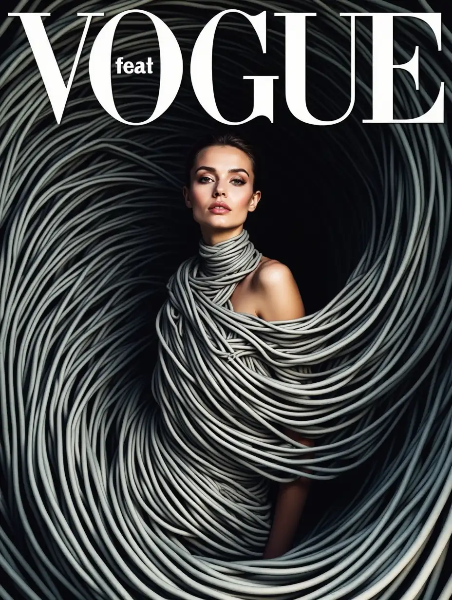 a mesmerizing woman wrapped in a swirling vortex of stripes. The lines twist and spiral around her, blending her figure into the dynamic, surreal pattern. Her face is calm, partially hidden within the hypnotic waves of stripes, creating an otherworldly, ethereal look. The VOGUE logo in bold at the top, metallic and striking against the abstract design.