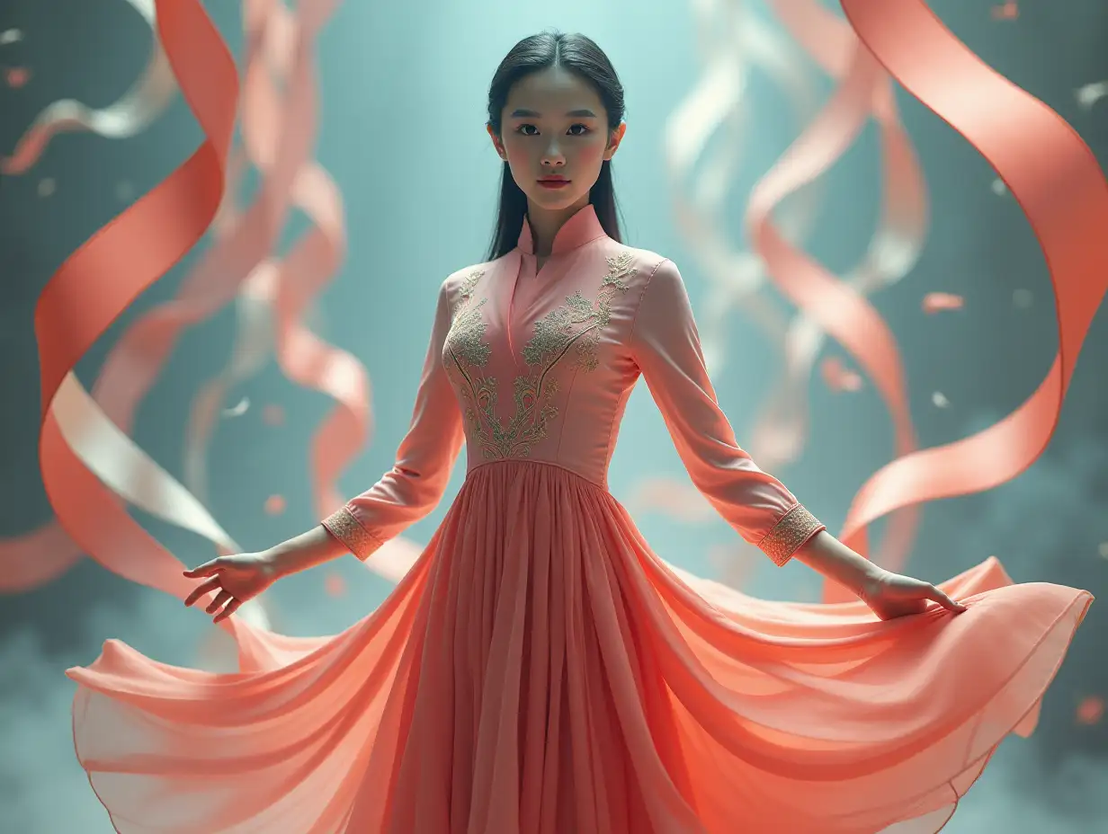 Confident-Chinese-Girl-Surrounded-by-Swirling-Ribbon-Structures-in-Colorful-Hijab-Dress