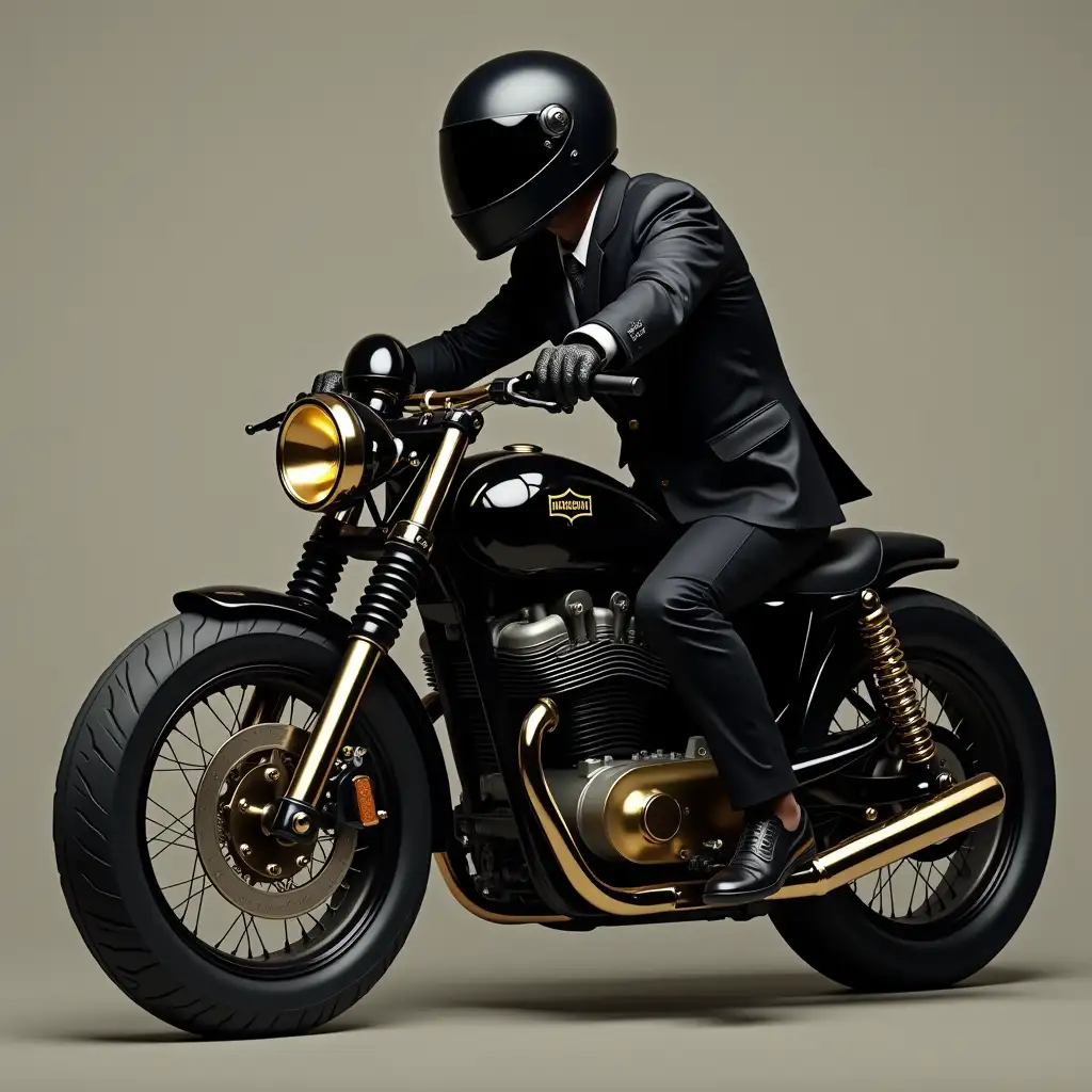 motorcyclist in black helmet in classic suit with golden shovel in hand