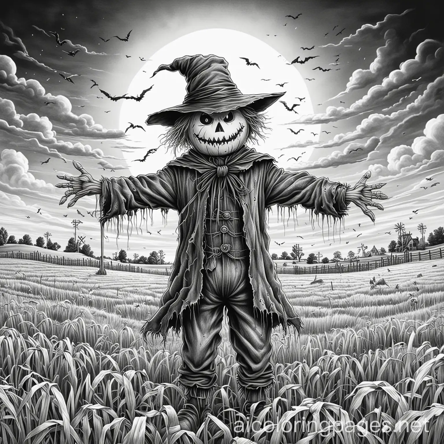 Spooky-Scarecrow-in-a-Hayfield-Under-a-Full-Moon-Coloring-Page