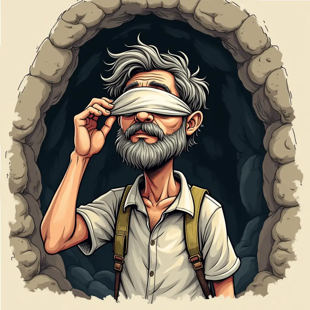 Sketchy-Animation-of-Blindfolded-Man-Emerging-from-Cave-Revealing-One-Eye