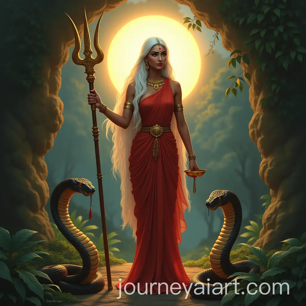 Indian-Goddess-with-White-Hair-and-Trident-Surrounded-by-King-Cobras-in-Jungle