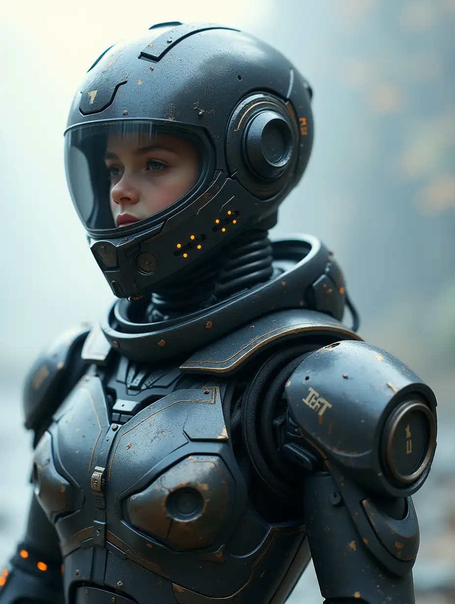 a 13 year old masked female strategic combat ai agent, enormously shielded by armor, mecha style, encased in a modern completely armored sci-fi exoskeleton with tight supporting collar, a full motorcycle helmet, elbow pads, cybernetic gloves, eyes covered by transparent visor, no hair