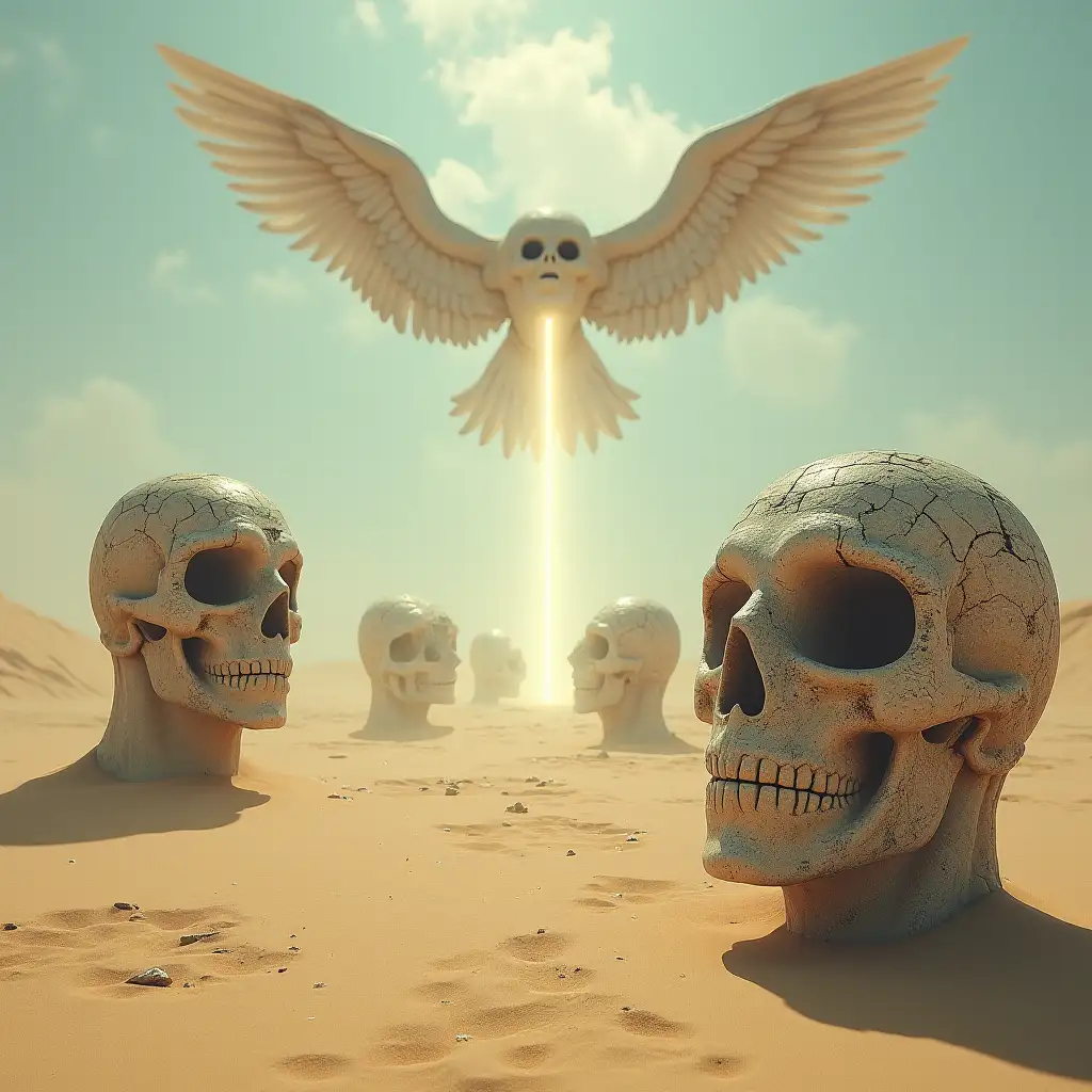 Imagine a surreal, fictional landscape: An endless sandy plain stretching to the horizon, randomly scattered with ancient, colossal stone heads of mysterious creatures, weathered with corrosion, cracks, and imperfections. Their eyes are empty sockets, partially buried in the sand. The camera angle is from below, looking upwards to capture a winged angel flying high in the sky. From the angel's eyes emits a beam of light directed downward onto the vast sandy expanse.