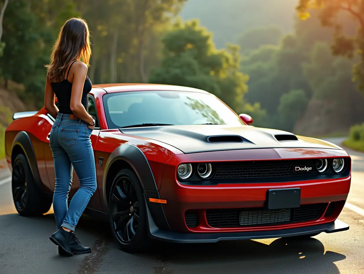 Realistic-Image-of-Costa-Rican-Woman-in-Jeans-Standing-Next-to-a-New-Dodge-Car