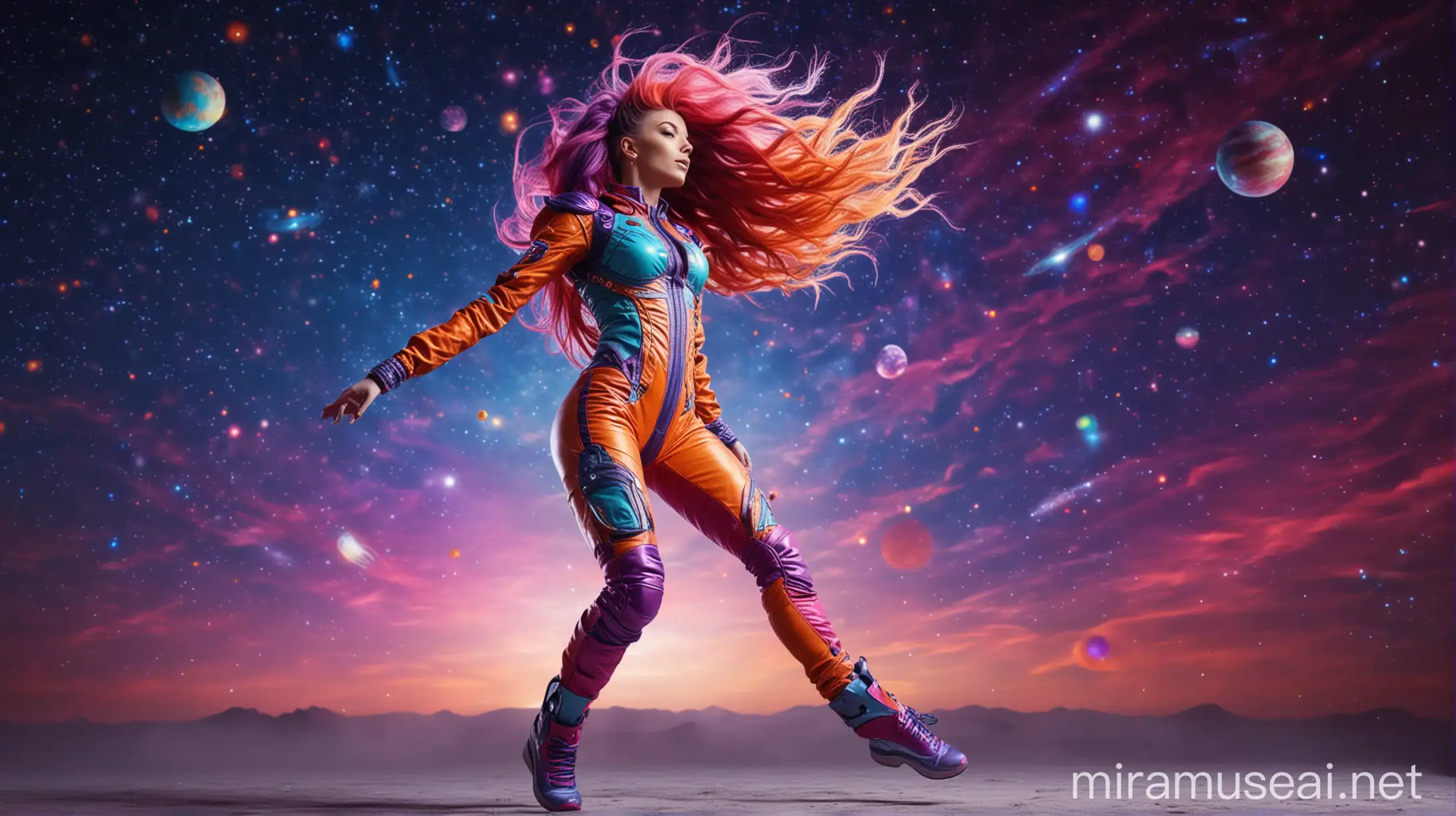 Futuristic Dance of a Colorful Fitness Model Under a Cosmic Sky